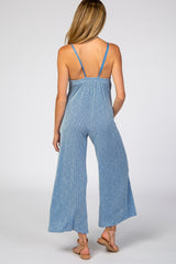 Blue Ribbed Wide Leg Maternity Jumpsuit