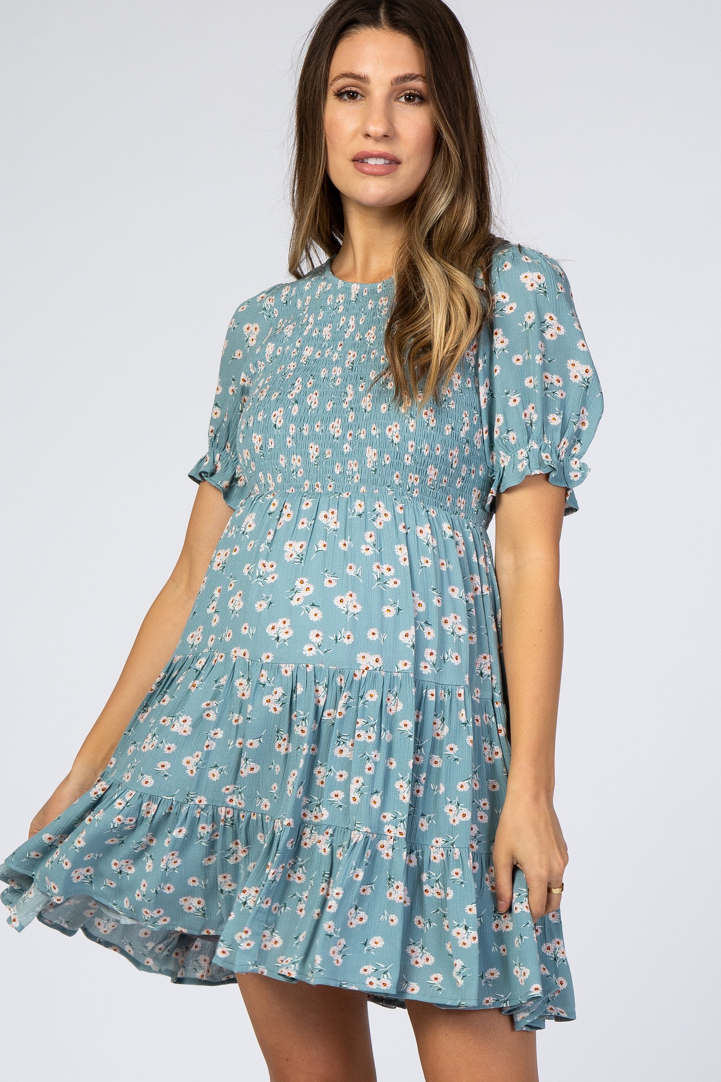 Blue Floral Smocked Tiered Maternity Mini Dress