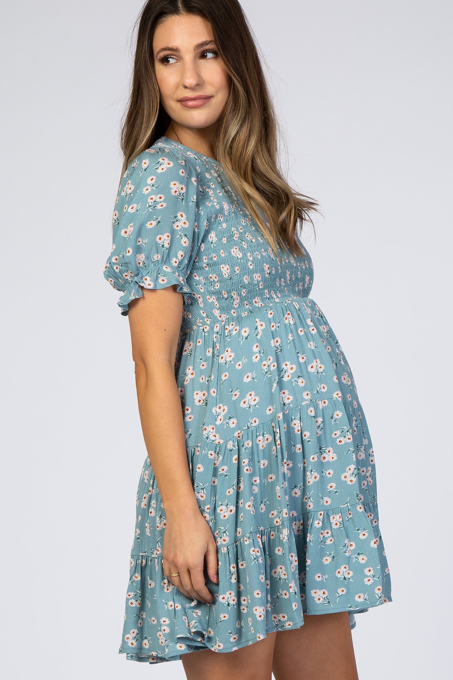Blue Floral Smocked Tiered Maternity Mini Dress