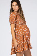 Orange Floral Smocked Tiered Maternity Mini Dress