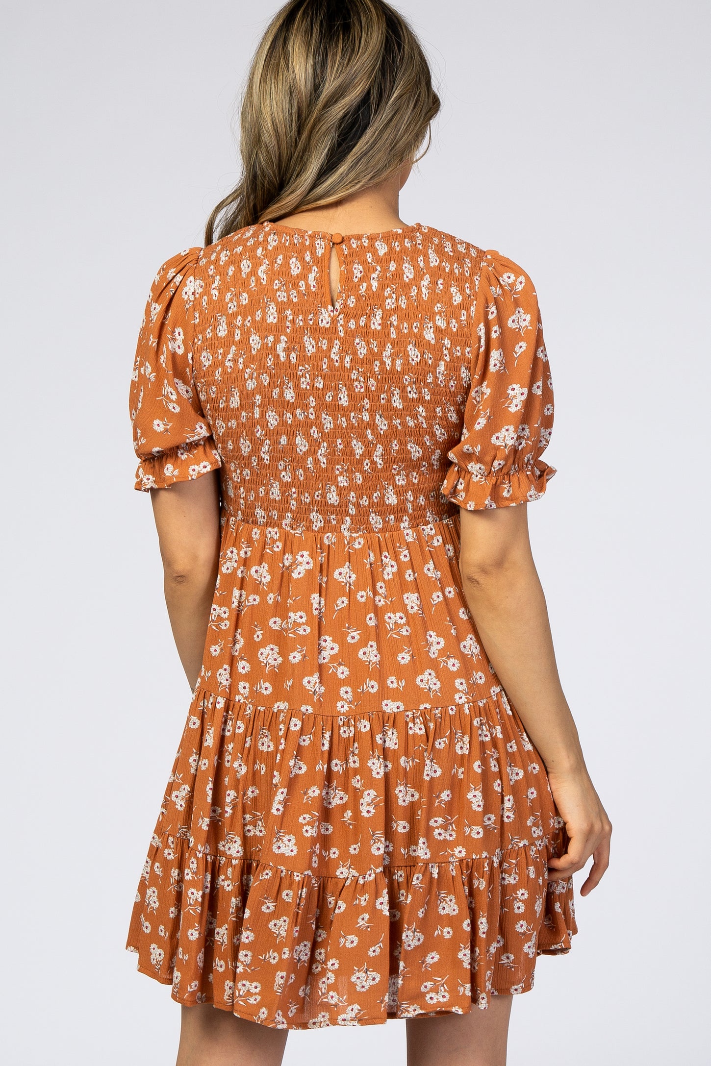 Orange Floral Smocked Tiered Mini Dress