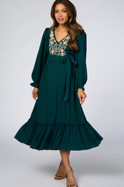 Emerald Floral Embroidered Ruffled Maternity Midi Dress