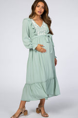 Mint Floral Embroidered Ruffled Maternity Midi Dress