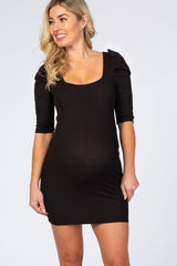 Black Ribbed Puff Sleeve Fitted Maternity Dress