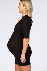 Black Ribbed Puff Sleeve Fitted Maternity Dress