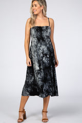 Charcoal Black Tie Dye Smocked Maternity Midi Dress