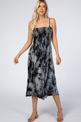 Charcoal Black Tie Dye Smocked Maternity Midi Dress