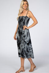 Charcoal Black Tie Dye Smocked Midi Dress