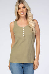 Light Olive Ribbed Button Front Tank Top