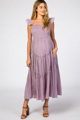 Lavender Smocked Ruffle Accent Maternity Dress