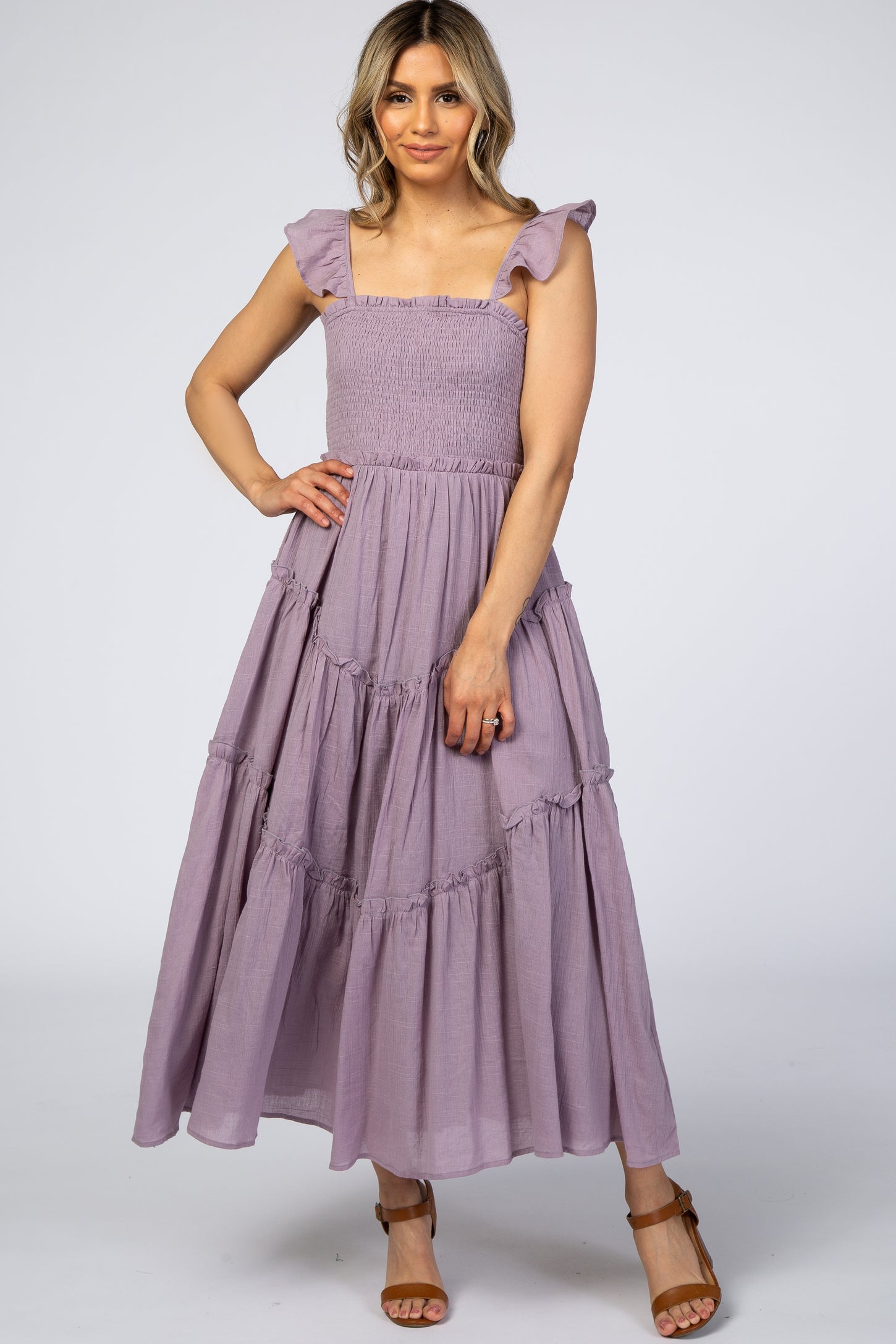 Lavender Smocked Ruffle Accent Maternity Dress
