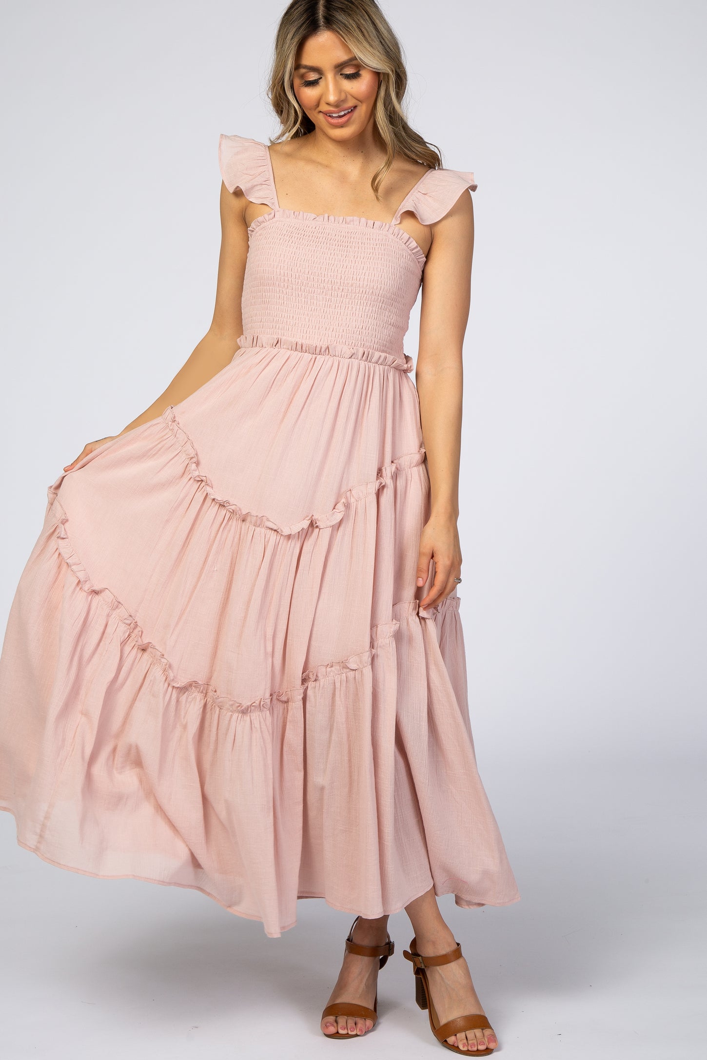 Light Pink Smocked Ruffle Accent Dress