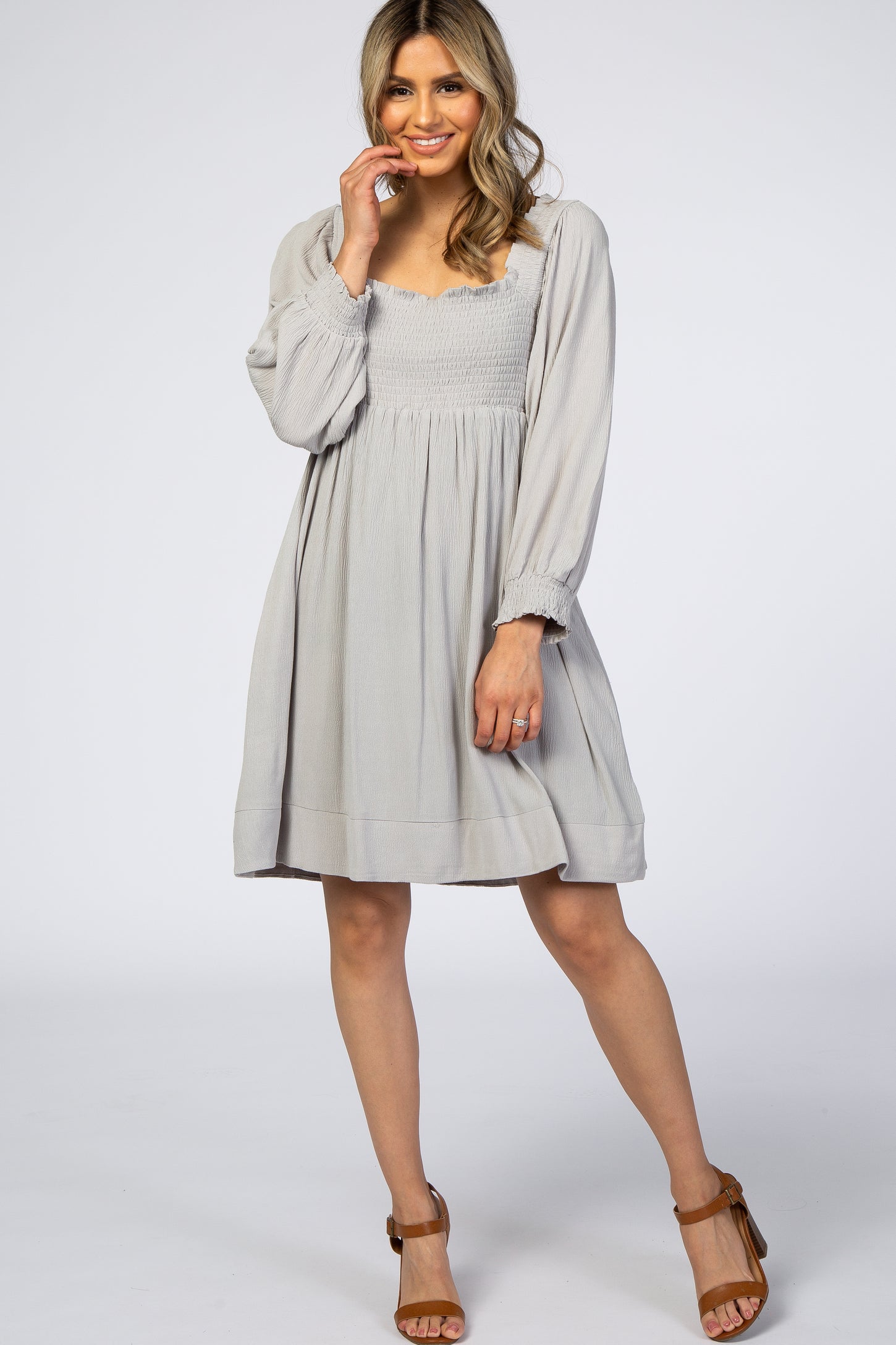 Light Grey Smocked Mini Dress