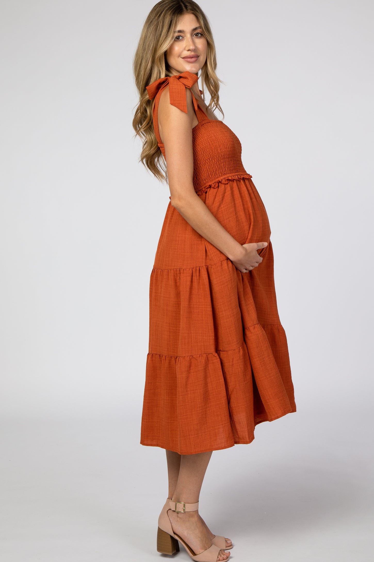 Rust Bow Strap Tiered Maternity Midi Dress