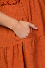 Rust Bow Strap Tiered Maternity Midi Dress