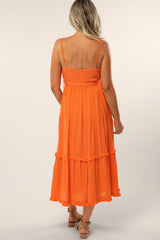 Orange Front Button Ruffle Tiered Hem Maternity Midi Dress