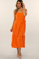 Orange Front Button Ruffle Tiered Hem Maternity Midi Dress