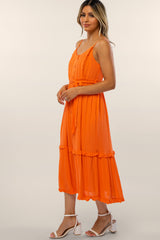 Orange Front Button Ruffle Tiered Hem Midi Dress