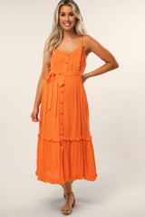 Orange Front Button Ruffle Tiered Hem Maternity Midi Dress