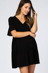 Black Tiered Ruffle Sleeve Maternity Dress
