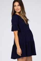 Navy Tiered Ruffle Sleeve Maternity Dress