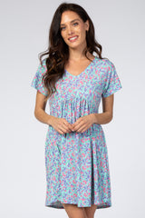 Aqua Floral Short Sleeve Dress