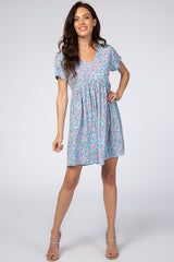 Aqua Floral Short Sleeve Maternity Dress