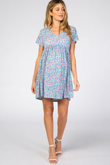 Aqua Floral Short Sleeve Maternity Dress