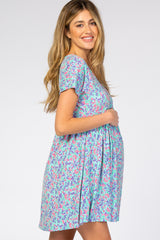 Aqua Floral Short Sleeve Maternity Dress