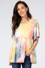 Multi Colored Tie Dye Crochet Trim Short Sleeve Maternity Top