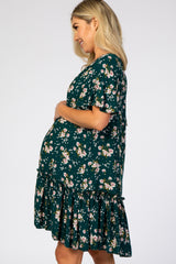 Dark Teal Floral Pleated Hem Maternity Dress