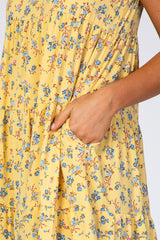 Yellow Floral Sleeveless Pleated Tier Midi Dress