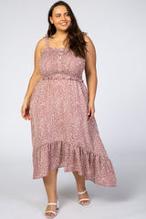 Mauve Dot Print Smocked Maternity Plus Midi Dress