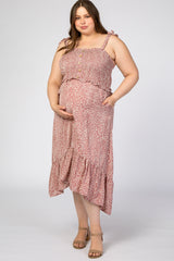 Mauve Dot Print Smocked Maternity Plus Midi Dress