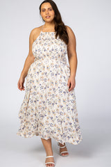 Cream Floral Halter Neck Plus Maxi Dress