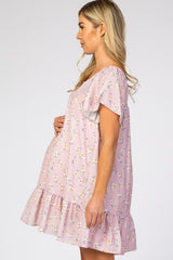 Pink Floral Print Smocked Square Neck Ruffle Trim Maternity Dress