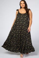 Black Floral Ruffle Strap Plus Maxi Dress