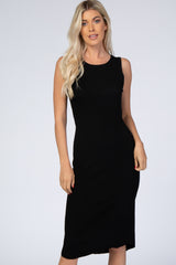 Black Ribbed Sleeveless Midi Dress