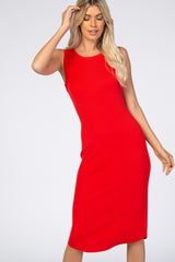 Red Ribbed Sleeveless Midi Dress