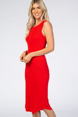 Red Ribbed Sleeveless Midi Dress