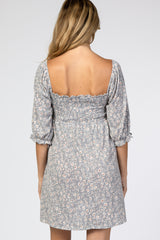 Grey Floral Puff Sleeve Maternity Dress