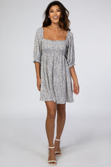 Grey Floral Puff Sleeve Maternity Dress