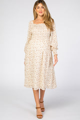 Cream Floral Smocked Bubble Sleeve Maternity Midi Dress