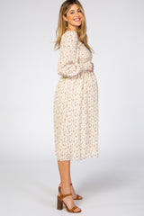 Cream Floral Smocked Bubble Sleeve Maternity Midi Dress