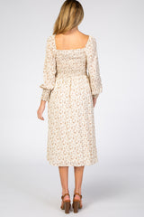 Cream Floral Smocked Bubble Sleeve Maternity Midi Dress