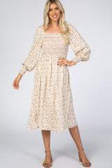 Cream Floral Smocked Bubble Sleeve Midi Dress