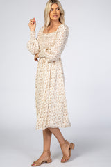 Cream Floral Smocked Bubble Sleeve Midi Dress