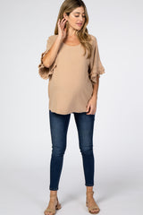 Mocha Linen Fringe Ruffle Trim Maternity Top