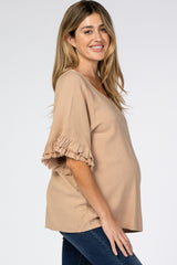 Mocha Linen Fringe Ruffle Trim Maternity Top