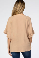 Mocha Linen Fringe Ruffle Trim Maternity Top